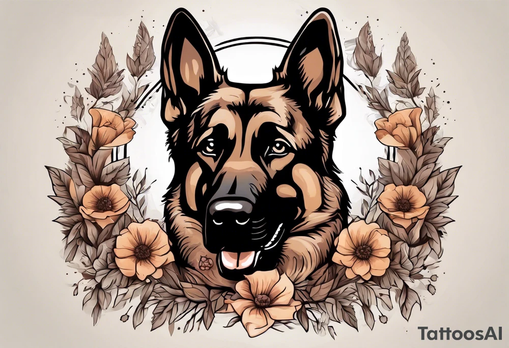 Dark Brown female German shepherd portrait surrounded by flowers tattoo idea