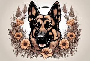 Dark Brown female German shepherd portrait surrounded by flowers tattoo idea