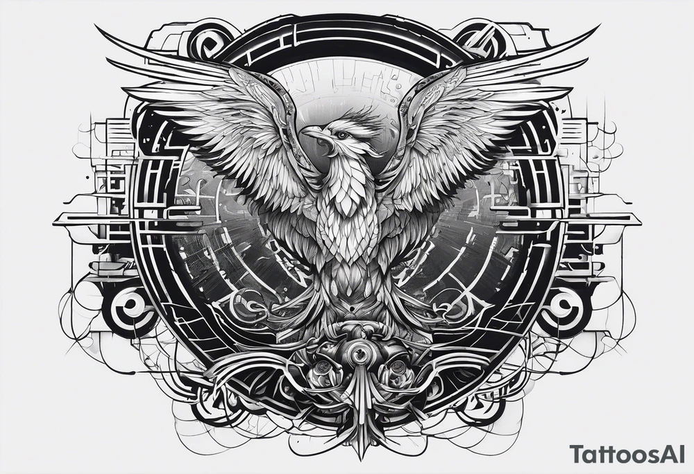 Minimalistic Cyberpunk Quetzal that has cybernetic neurons coming from the bottom. tattoo idea