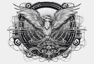 Minimalistic Cyberpunk Quetzal that has cybernetic neurons coming from the bottom. tattoo idea