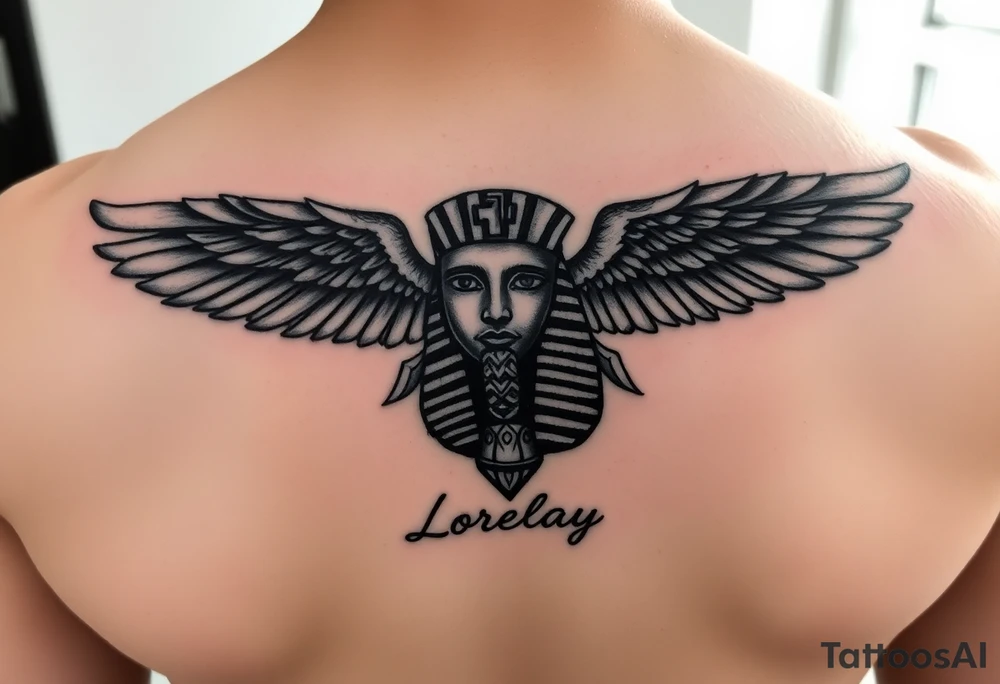 Crea un diseño significativo sobre la cultura egipcia y que tenga el nombre escrito por de bajo del diseño el nombre de mi hermana Lorelay para la parte baja del bíceps tattoo idea