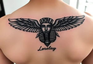 Crea un diseño significativo sobre la cultura egipcia y que tenga el nombre escrito por de bajo del diseño el nombre de mi hermana Lorelay para la parte baja del bíceps tattoo idea