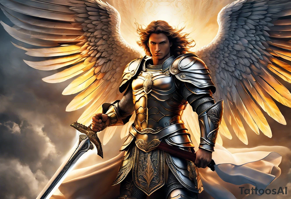 **Tattoo Design: Archangel Michael**

- **Central Theme**: Archangel Michael, majestic and powerful, stands ready with a raised sword, prepared to battle evil.
- **Appearance**: The figure of Archangel Michael depicted in full angelic armor, with majestic wings spread wide.
- **Expression**: His stance conveys strength, courage, and determination in defense of good.
- **Details**: Focus on intricate details such as facial features, armor embellishments, and the raised sword.
- **Background**: May be stylized as celestial, with rays of light or clouds, accentuating the divine presence of Archangel Michael.
- **Placement**: Intended for placement on the chosen body area, with the option to adjust the size according to personal preferences. tattoo idea