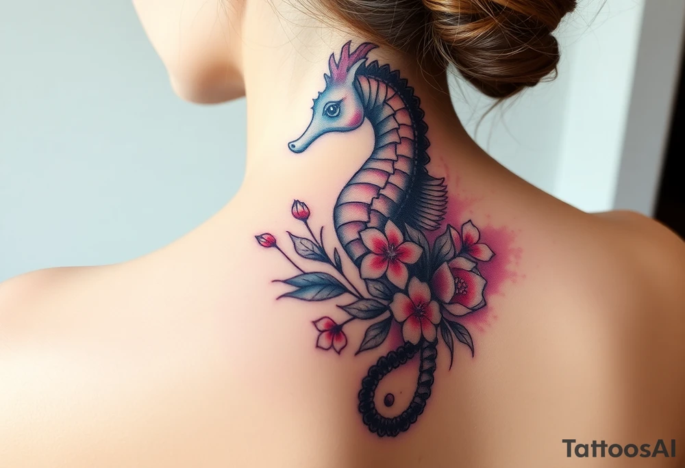 Sea horse flowers and waves tattoo idea