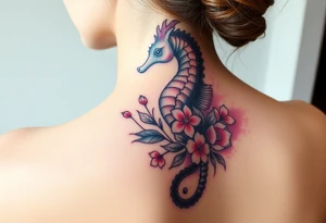 Sea horse flowers and waves tattoo idea