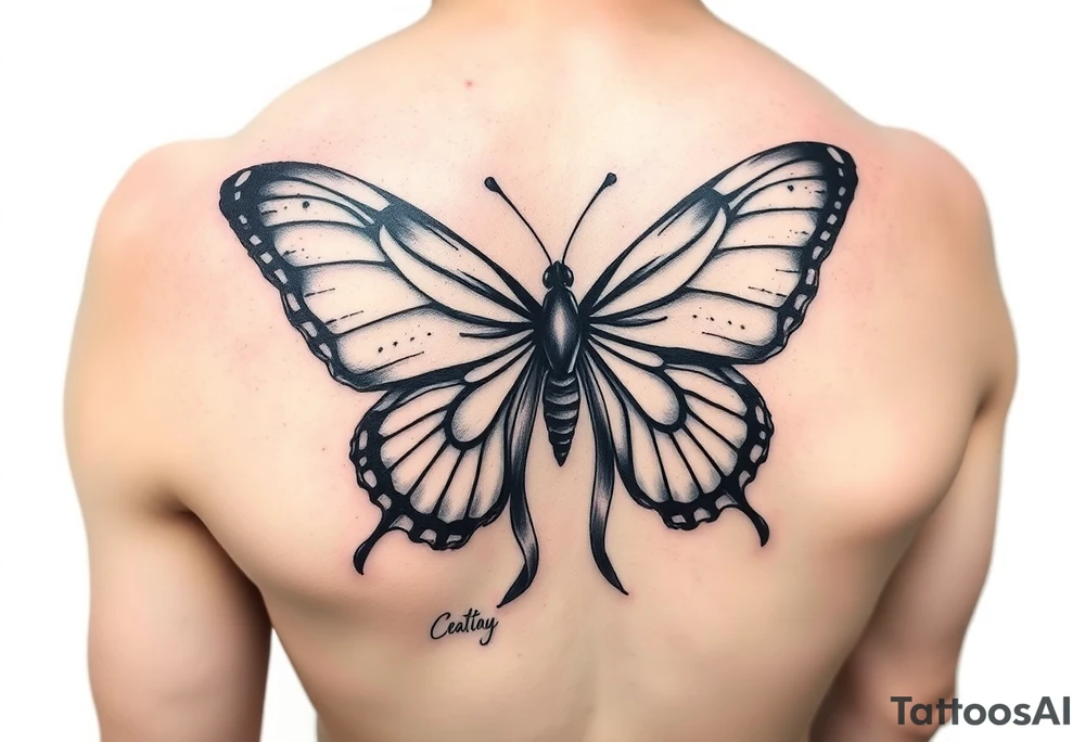 ethereal butterfly with flowing silk ribbons in moonlight tattoo idea