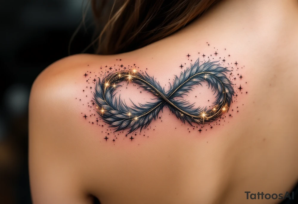infinity symbol woven with floating feathers and stardust tattoo idea