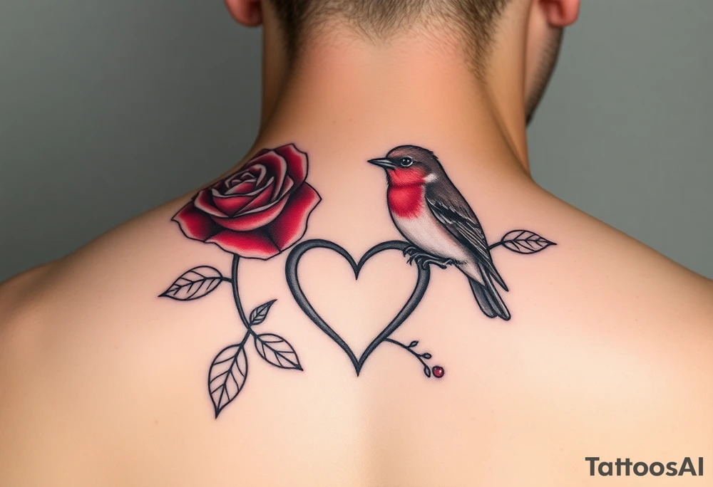 Feminine red rose and robin with a infinity heart tattoo idea