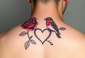 Feminine red rose and robin with a infinity heart tattoo idea