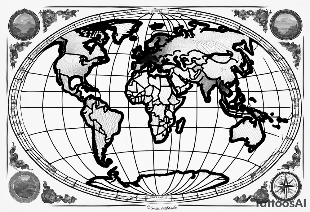 the earth on a flat map with no shading placed on a grid with only the lines with accurate depictions of the borders in countries while having it in an oval/circular position on a grid without any borders on the sides while having the countries not have such bold borders tattoo idea