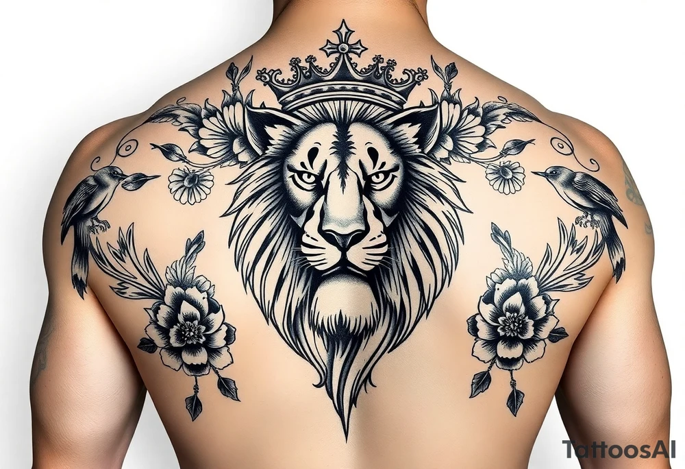 powerful majestic lion with a crown, surrounded by floral ornaments and birds tattoo idea