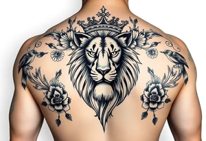 powerful majestic lion with a crown, surrounded by floral ornaments and birds tattoo idea