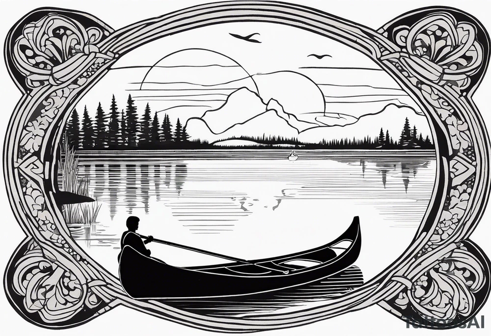The tattoo design depicts a serene nature scene, framed within a semi-circular border. In the foreground, there are two people sitting in a canoe on a calm lake. They are paddling towards the horizon, with one person sitting at the back of the canoe and the other at the front. The back view of the people suggests a peaceful and contemplative moment shared between them.

In the background, there are majestic mountains with peaks covered in snow, creating a dramatic and picturesque landscape. The mountains are flanked by tall pine trees on either side, adding to the wilderness feel of the scene. Above the mountains, a large sun is either rising or setting, casting a tranquil glow over the entire scene. Birds are flying in the sky, adding to the sense of freedom and natural beauty.

The entire scene is rendered in a minimalist, black and white, line-drawing style, giving it a clean and elegant appearance. The semi-circular frame around the design focuses attention on the central elements and adds a sense of completeness to the image. black and white tattoo idea