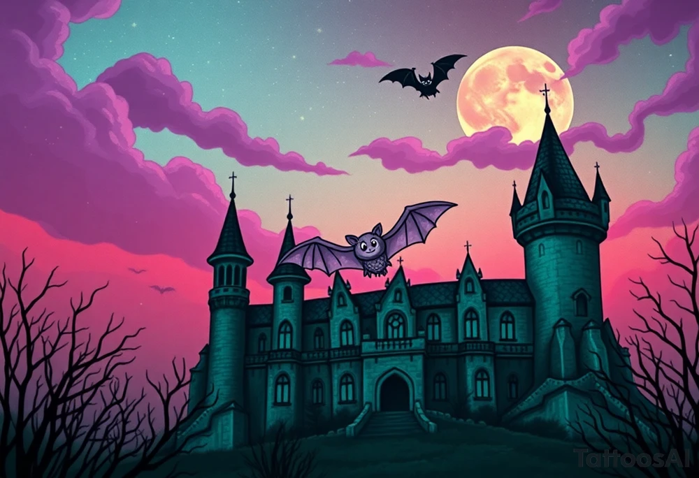 Tim Burton’s haunted castle is abandoned and dripping with muted reds, dusty pinks, and eerie green glow.purple and cyan smokey clouds swirl in the crescent moonlit sky thats sprinkled with stars under the castle an adotable kawaii bat spreads its wings tattoo idea tattoo idea