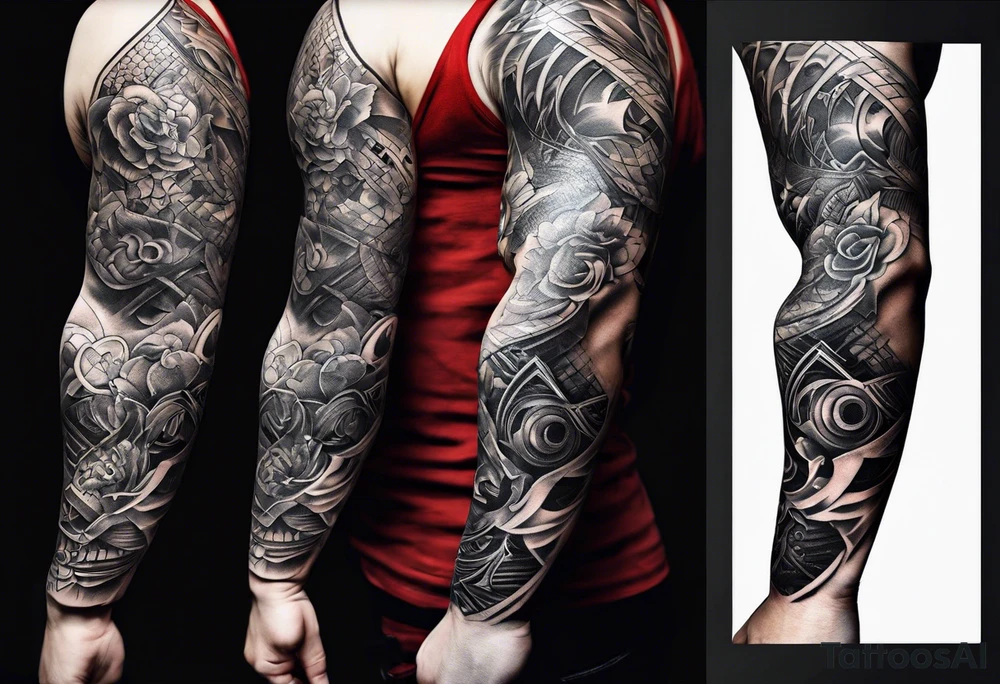 right upper arm tattoo with skin looks like cut  through and mechanical arm is in the back ground tattoo idea