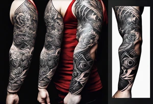 right upper arm tattoo with skin looks like cut  through and mechanical arm is in the back ground tattoo idea