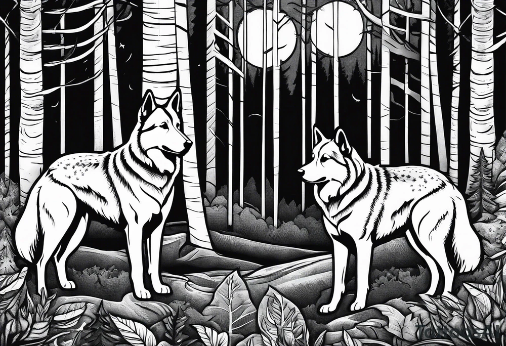 two norwegian elkhounds guarding a dark forest tattoo idea