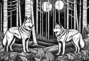two norwegian elkhounds guarding a dark forest tattoo idea