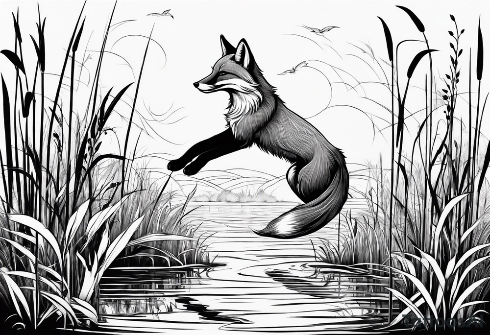 Fox jumping in swamp reeds Russian tattoo idea