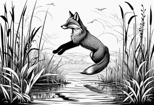 Fox jumping in swamp reeds Russian tattoo idea