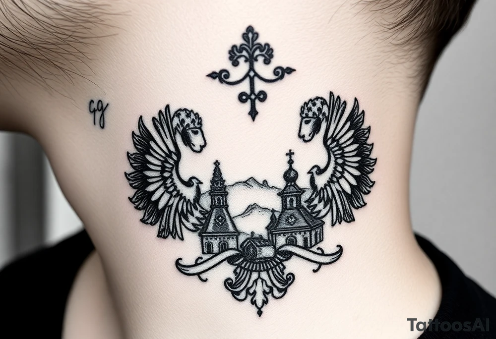 Traditional authentic Russian coat of arms with a Christian orthodox virgin marry in the middle and silhouette in a Russian wilderness Christian orthodoxy dome church village setting on the side of my neck tattoo idea