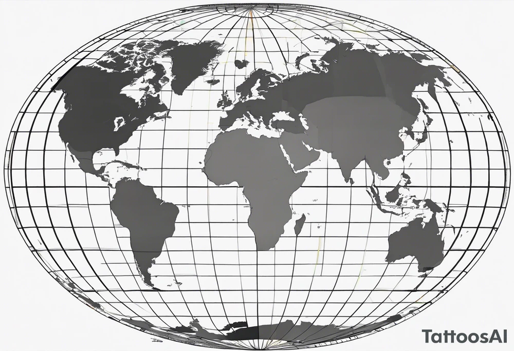the earth on a flat map with light fading shading placed on a grid with only the lines with accurate depictions of the borders in countries while having it in an oval/circular position on a grid without any borders on the sides while having the countries not have such bold borders tattoo idea