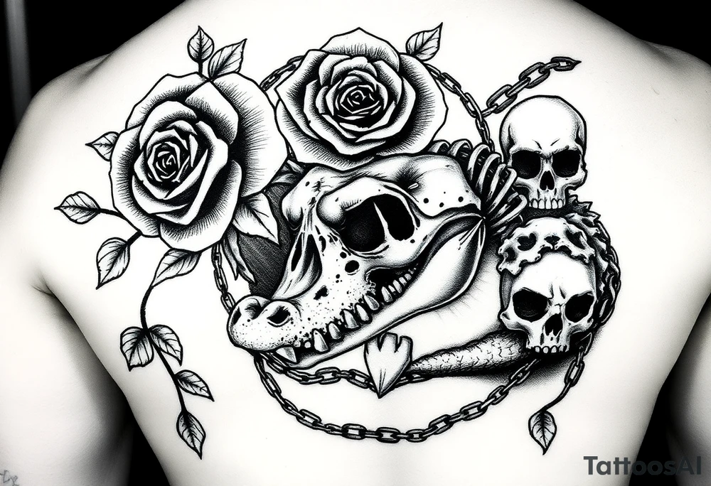 gothic fairy tale vibe we talked about: dark, thorny roses, skulls peeking through shadows, a bit of wild creature energy. Not perfect matches, but imagine tweaking 'em—rose from the eye, gator coiled like a guardian. This one's got that moody frame, vines creeping in—easy to swap in your Tudor rose and skull. Full-back chaos with skulls and chains... add the alligator jaws clamping down, and boom. tattoo idea