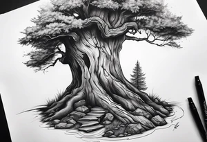 A slanting downward look at a tree stump tattoo idea