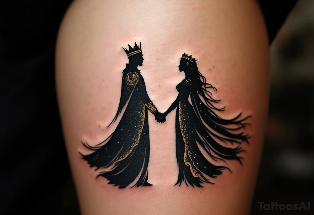 A silhouette of a king and queen holding hands under a black and gold moonlit sky. tattoo idea