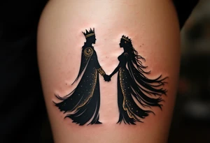 A silhouette of a king and queen holding hands under a black and gold moonlit sky. tattoo idea