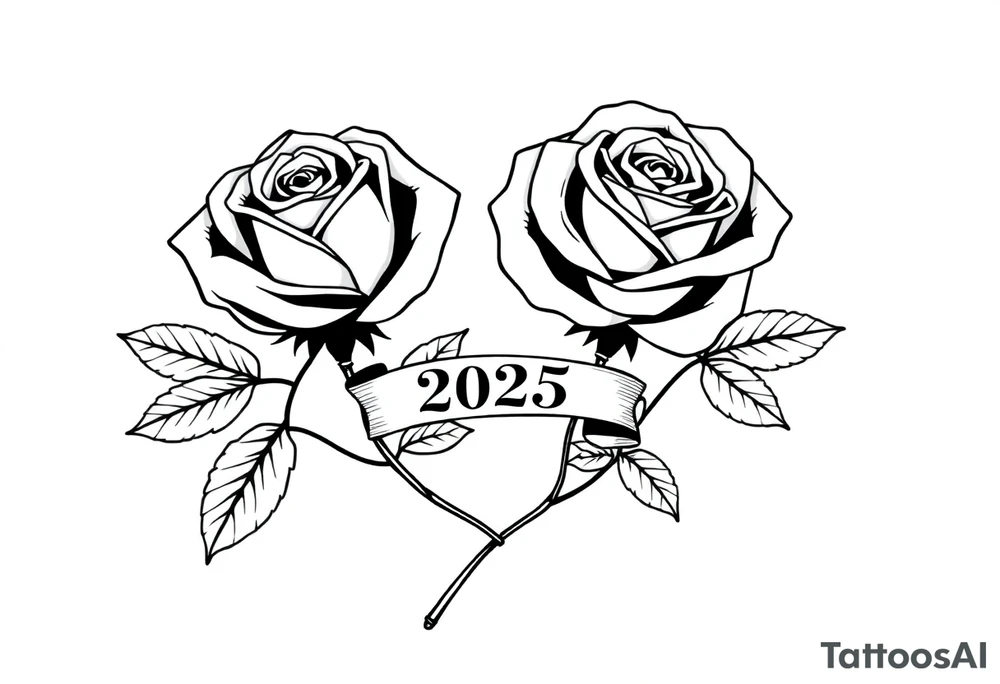 two beautiful large rose buds, one larger than the other, with many leaves next to the rose buds, with one sitting higher than the other. Include a banner connecting the two roses with the year 2025 on it.   Use dark outlines with little shading. The two stems should be short, not long, and connect and join into one stem, whimsically curved or twisted - not straight down. tattoo idea