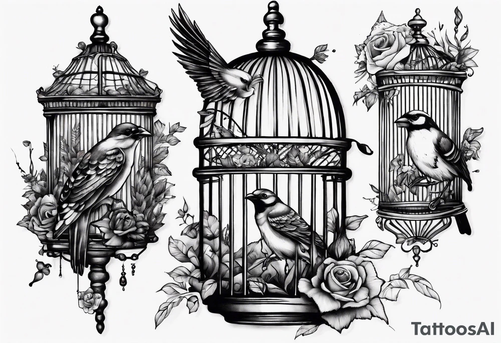 highly detailed bird ecscaping from bird cage tattoo idea