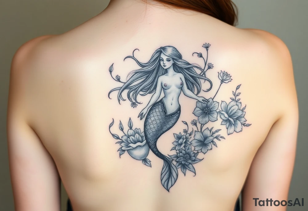 ethereal mermaid with flowing hair among coral and sea flowers and snakes around tattoo idea
