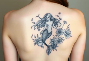 ethereal mermaid with flowing hair among coral and sea flowers and snakes around tattoo idea