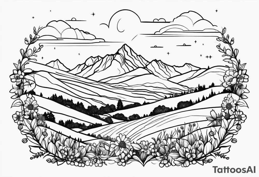 delicate fine line and small. Hills with Texas wildflowers tattoo idea