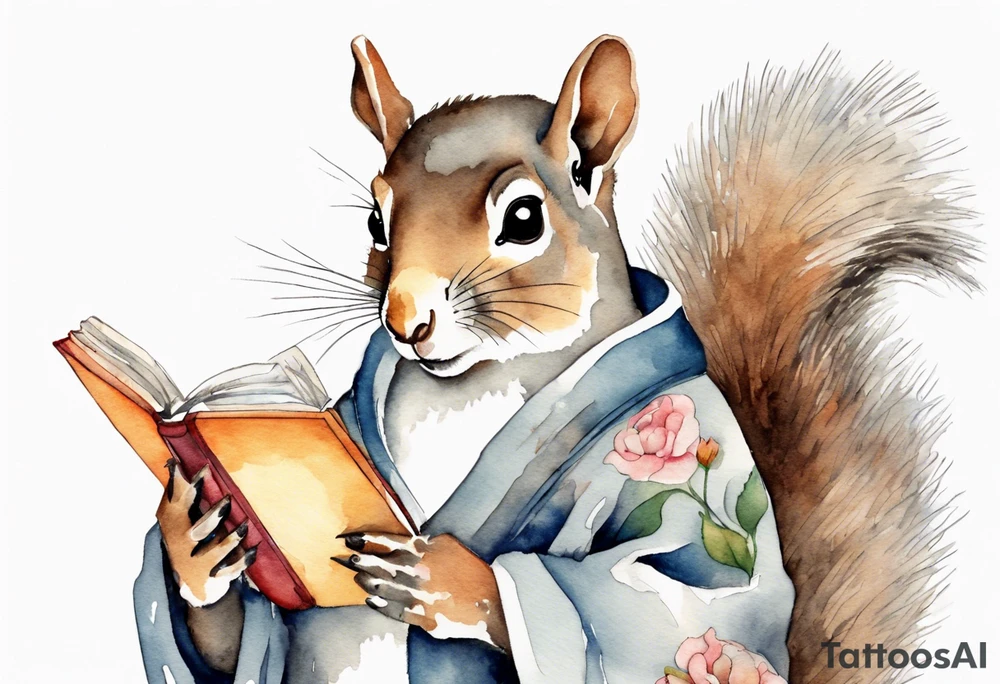 a grey squirrel dressed in a tunic holding a closed book tattoo idea