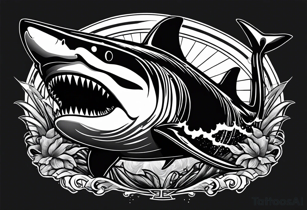 megalodon ni text vertically with the shark and the water wrapping around the text tattoo idea