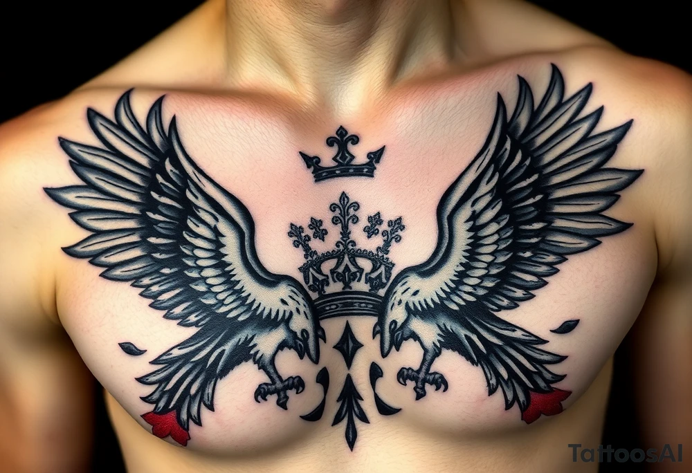 Chest tattoo,powerful two polish symetricals majestic darks eagles, surrounded by lure ornaments , between eagles a crown tattoo idea