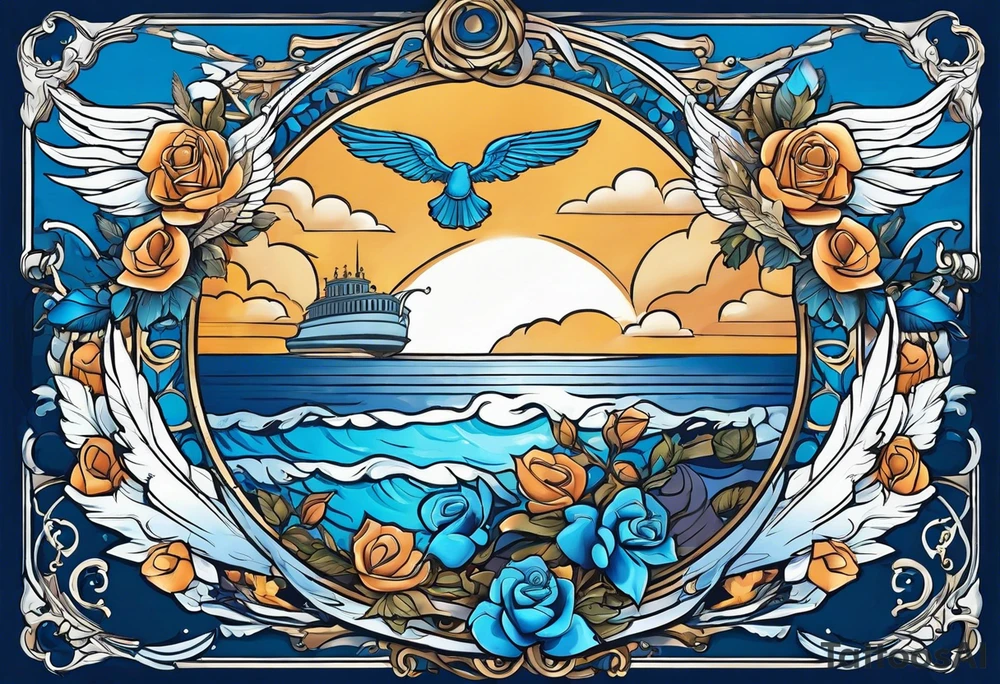 Cupio fly boy wings and a bow,, bacground sea ancient rome gods , blue roses frames tattoo idea