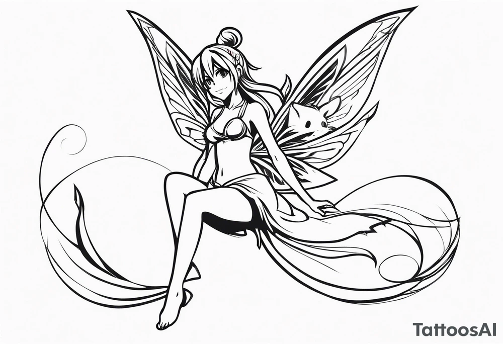 No color fairy with a tail inspired by the logo of the anime show called Fairy Tail in a fetal position leaning in and forward in the air flying tattoo idea