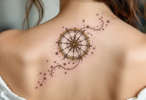 A storybook wheel with an enchanted twist, floating mid-air, spinning golden thread, surrounded by sparkling stars and silver dust (no glow effect). tattoo idea