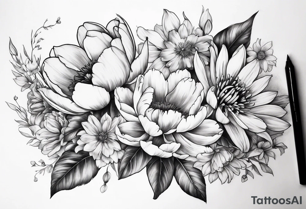 Bouquet with one Lily one sunflower one peony one cherry blossom and one tulip tattoo idea