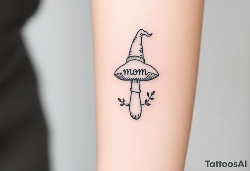 Mushroom with word mom on it with gnome on top tattoo idea