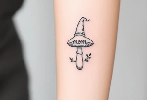 Mushroom with word mom on it with gnome on top tattoo idea
