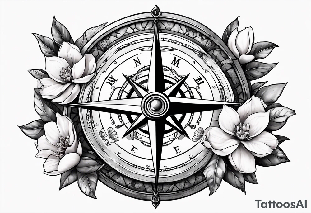 ancient stone compass with magnolia flowers tattoo idea
