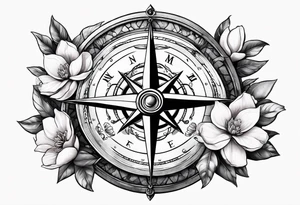 ancient stone compass with magnolia flowers tattoo idea