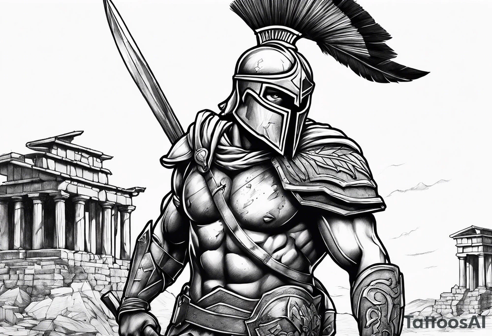 Spartan solider with ruins in forground tattoo idea