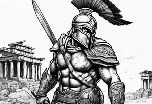 Spartan solider with ruins in forground tattoo idea