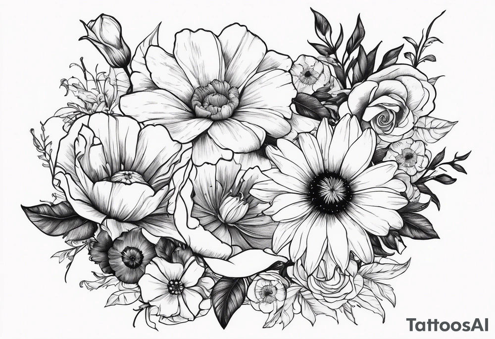 A vintage vertical design of a single daisy and a single rose with gladiolus flowers and poppies weaving through the daisy and rose tattoo idea