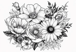A vintage vertical design of a single daisy and a single rose with gladiolus flowers and poppies weaving through the daisy and rose tattoo idea